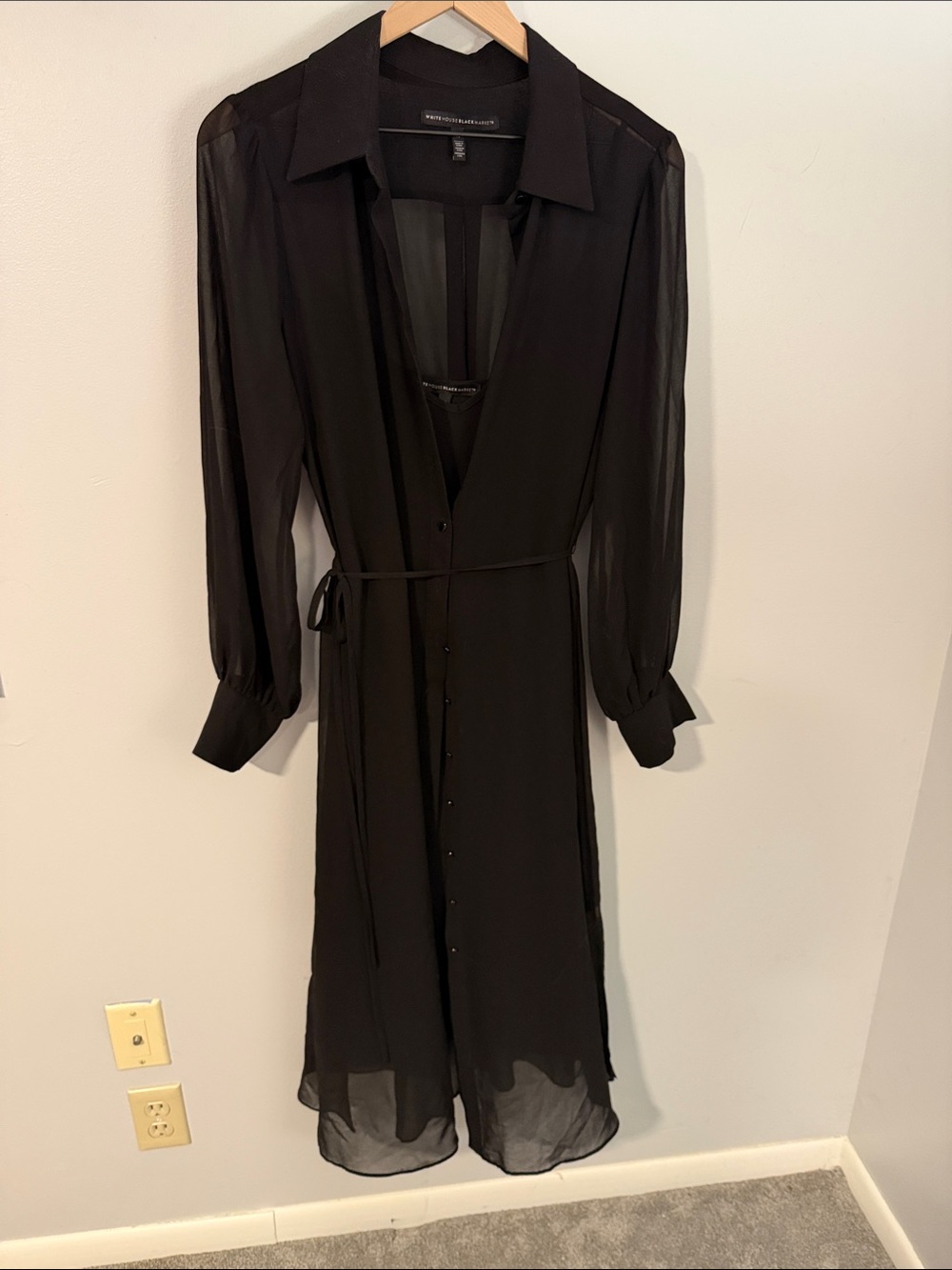White House Black Market Black Sheer Midi Shirt Dress Size 14
